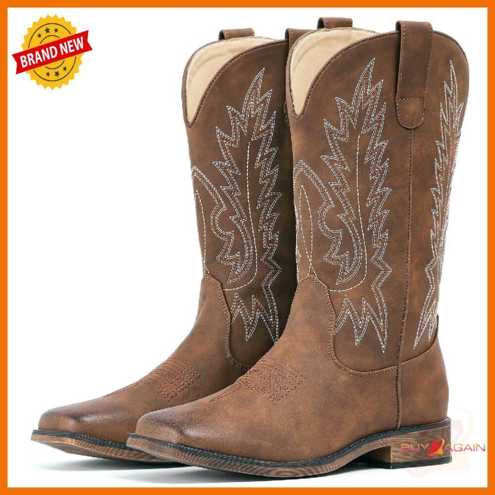 Square Toe Embroidered Cowboy Boots Mid Calf Pull On Western Boots
